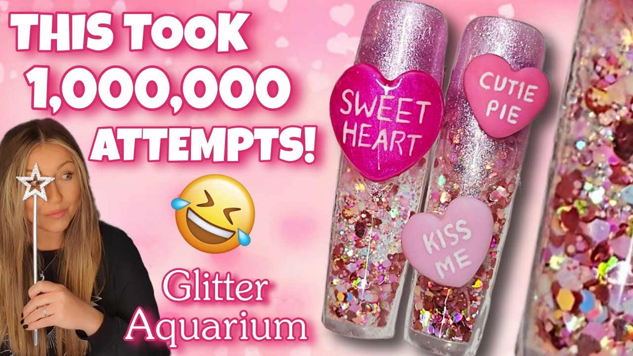 🍬 Маникюр в стиле «Аквариум» с блестками и сердечками из конфет и сердечек | Розовый аквамариновы...