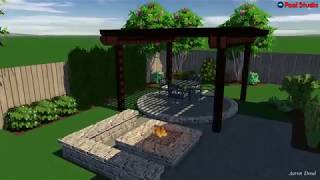 Backyard landscape with a Pergola and Fire Pit