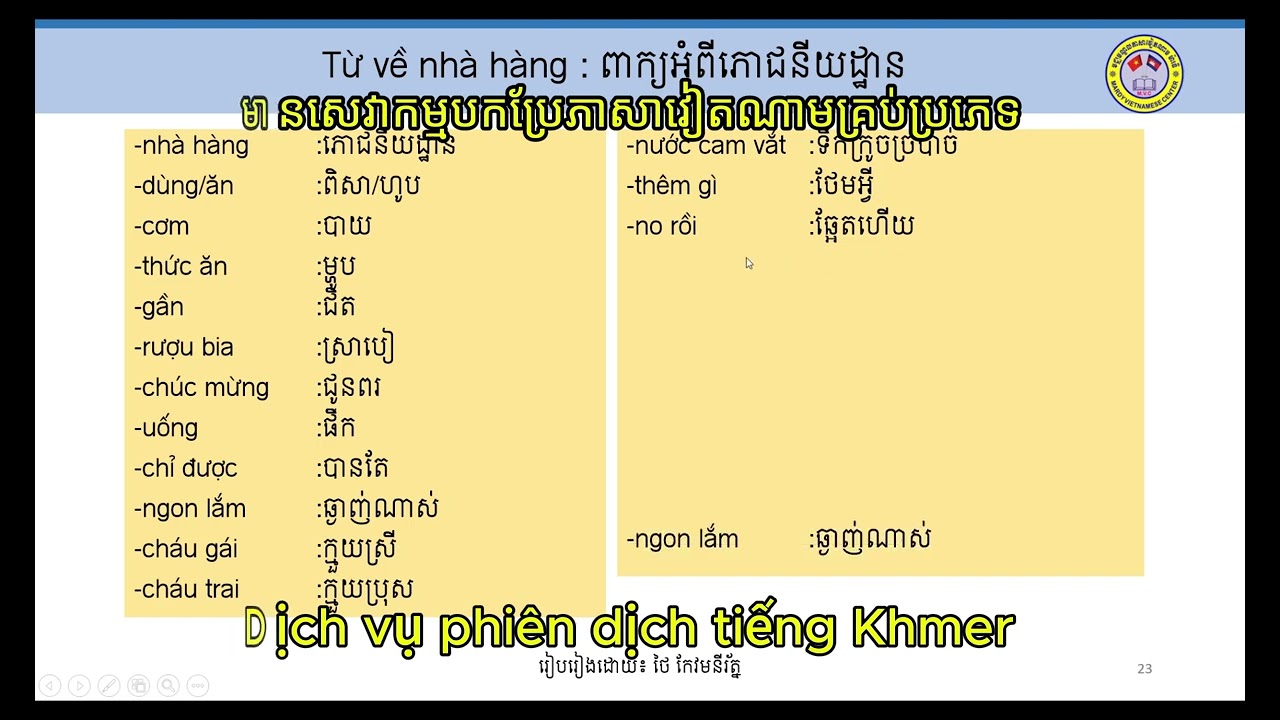ពាក្យនៅភោជនីយដ្ឋាន ក្នុងភាសាវៀតណាម | Học tiếng Khmer Những từ ngữ chủ đề nhà hàng