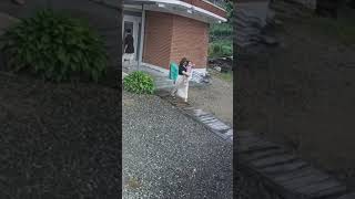 Lady Barely Manages Not to Fall All the Way to the Ground on a Wet Surface