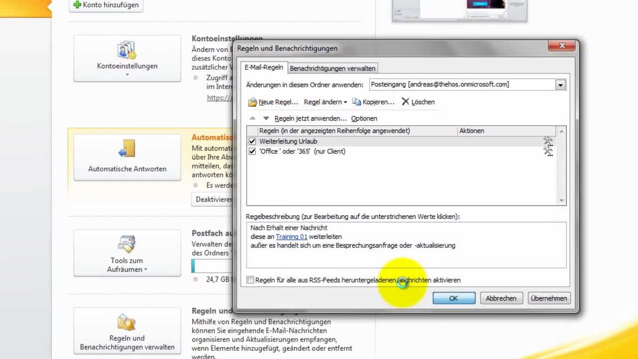 Outlook - Regel für Weiterleitung bei Abwesenheit - YouTube