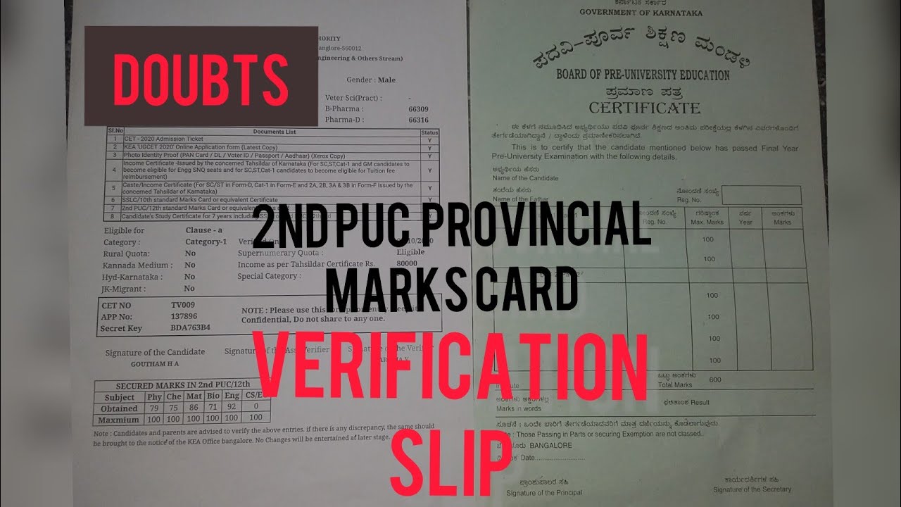 VERIFICATION SLIP & 2ND PUC PROVINCIAL MARKS CARD|DOCUMENTS VERIFICATION
