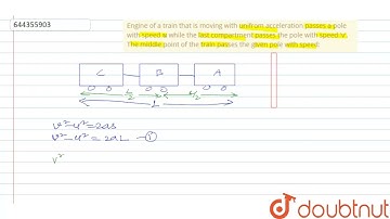 Engine of a train that is moving with unifrom acceleration passes a pole with speed u while the ...