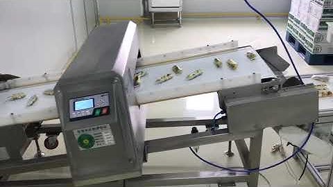 Inclined conveyor metal detector with flip rejection system