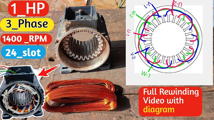 1 HP 3 Phase motor Rewinding. 1400 RPM 24 slot Electric motor winding. With winding diagram.
