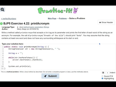 Java Practice It | Exercise 4.22: printAcronym |  StringTokenizer, method basics, Strings
