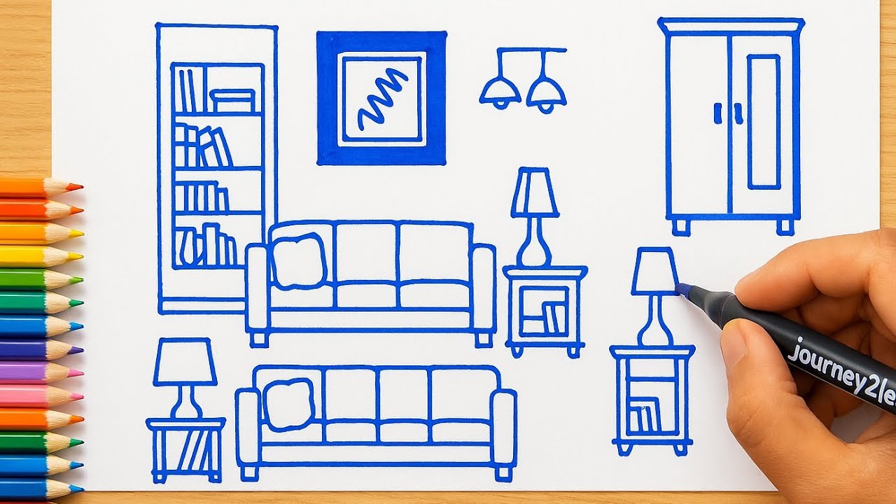 Easy Living Room Furniture Drawing for Beginners | Interior Sketch Tutorial