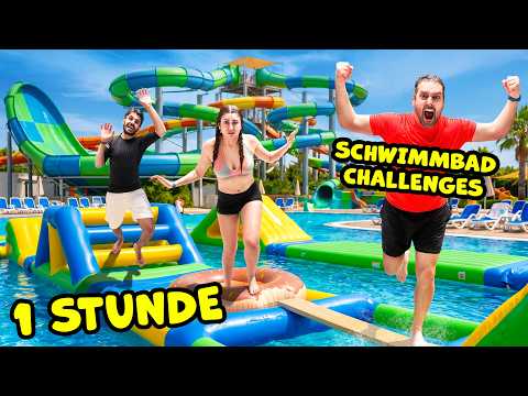 1 HOUR SWIMMING POOL & WATER SLIDE CHALLENGES with Kaan, Dania, Claudio! Europabad Karlsruhe
