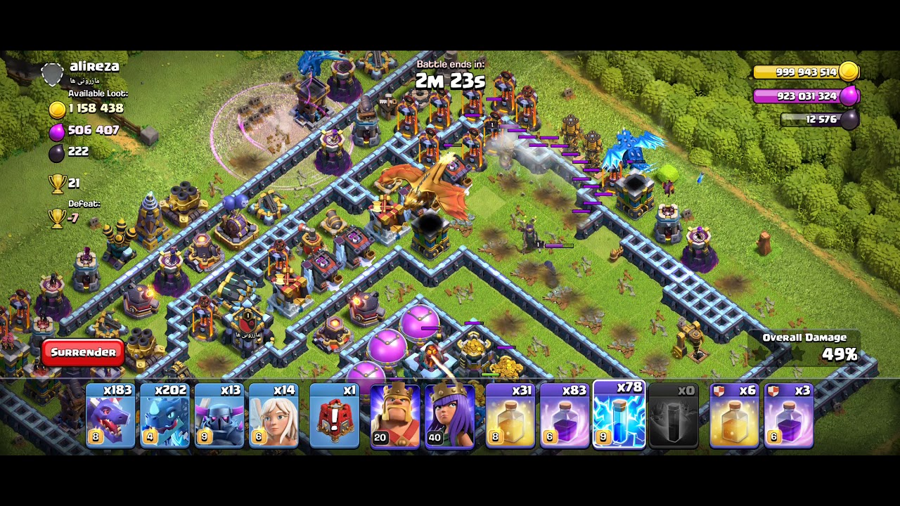 Max ED and Dragon attacking on heavy loot base with Max Defence