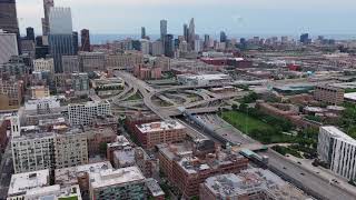 Urban landscape showing Chicago downtown skyline, Lake Michigan, Jane Byrne Interchange with