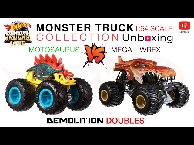 Hot Wheels Monster Trucks Demolition Doubles MOTOSAURUS vs. MEGA WREX 1:64  Scale Vehicle 2-Pack