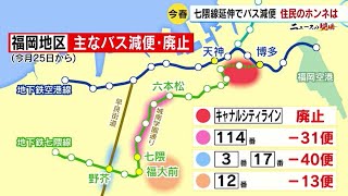 福岡市地下鉄「七隈線」延伸で西鉄バス「大幅減便」　『キャナルシティライン』廃止など１１２便　期待と不安　住民のホンネは？　／　（2023年3月15日OA）