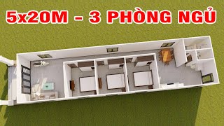 Mặt Bằng Nhà Cấp 4 DT 5x20M 3 Phòng Ngủ Đơn Giản Đẹp | Kiến Trúc Nhà Việt