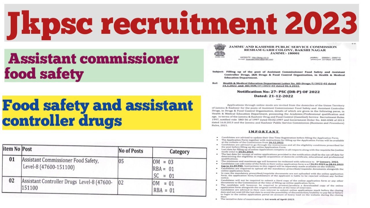 Jkpsc  recruitment  for assistant commissioner food safety and assistant controller drugs 2022