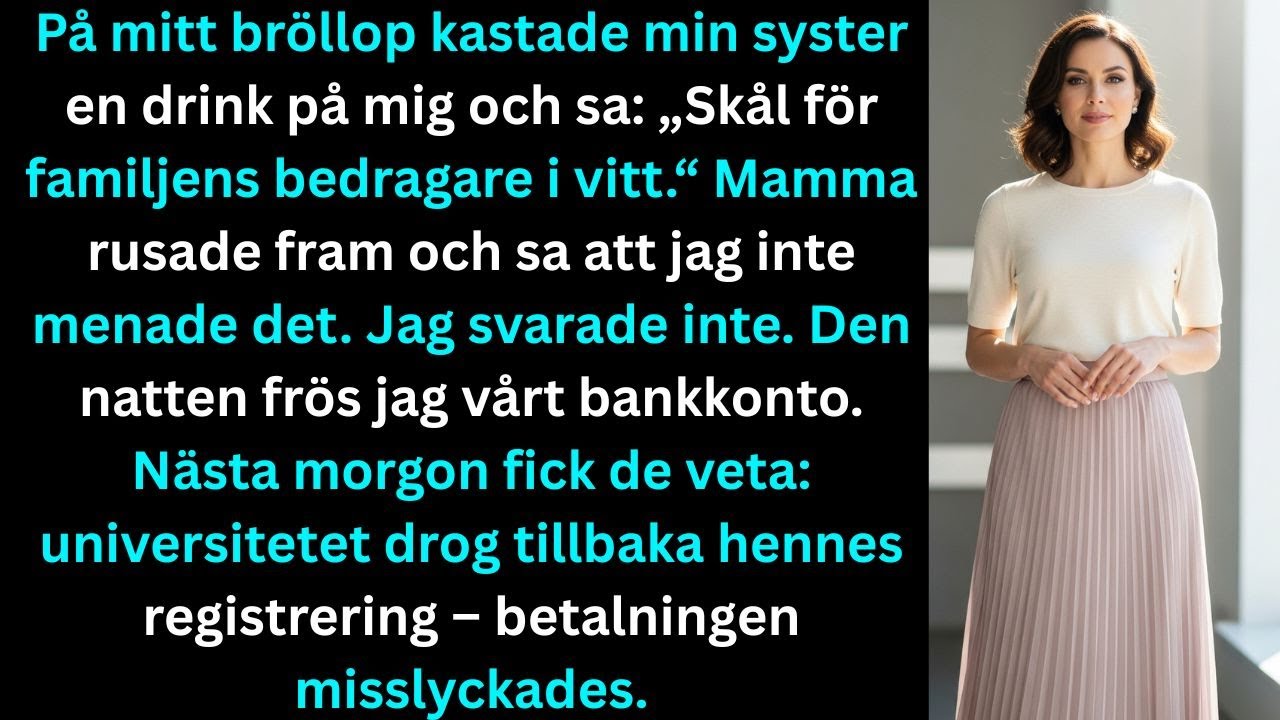 På mitt bröllop kastade min syster en drink på mig och sa: „Skål för familjens bedragare i vitt.“