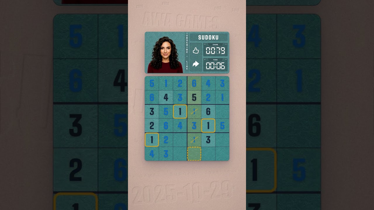 LinkedIn Mini Sudoku #79 solved board for October 29, 2025, 6x6 grid