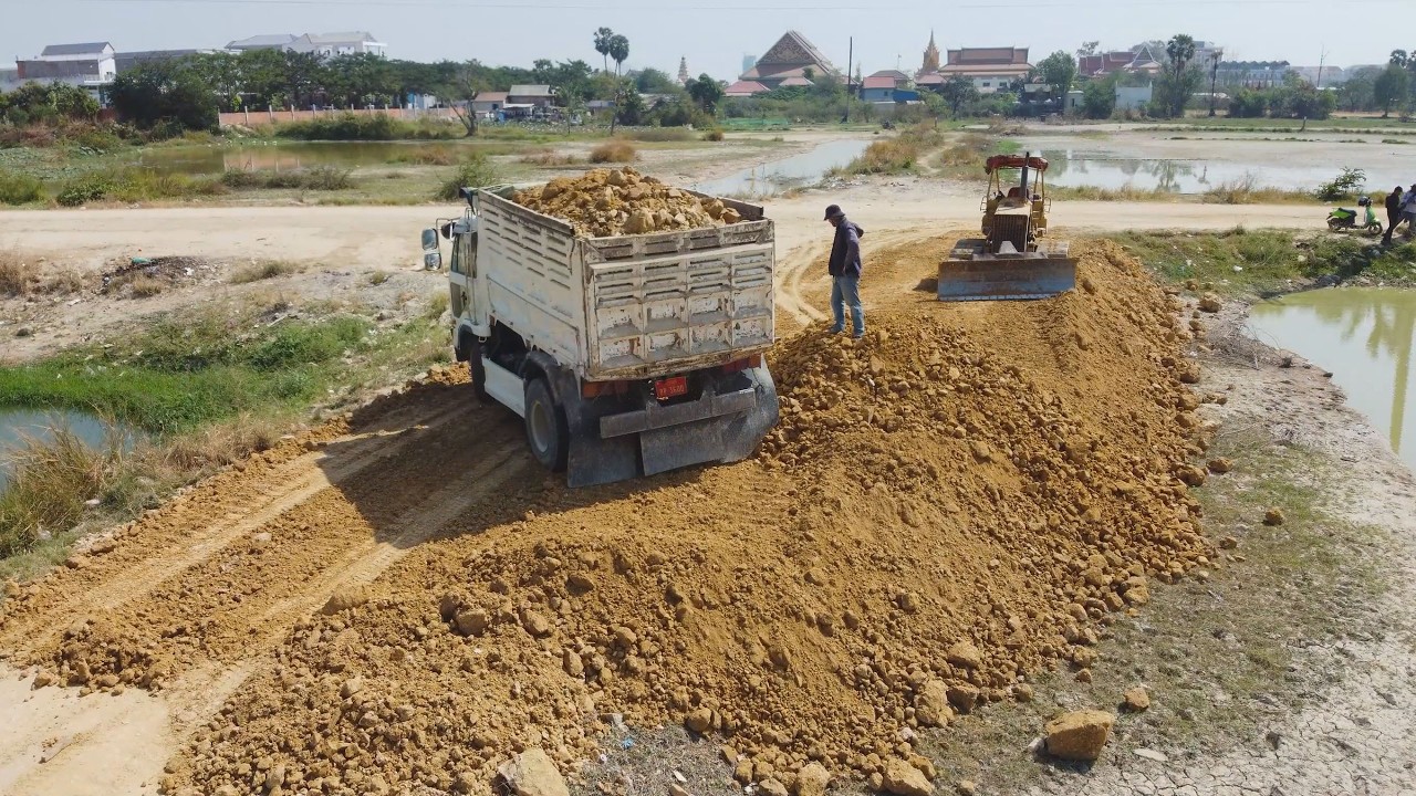 Wonderful Activity! By Land Filling Process Using Dump Trucks And Dozer Komatsu Moving Stone & Soil