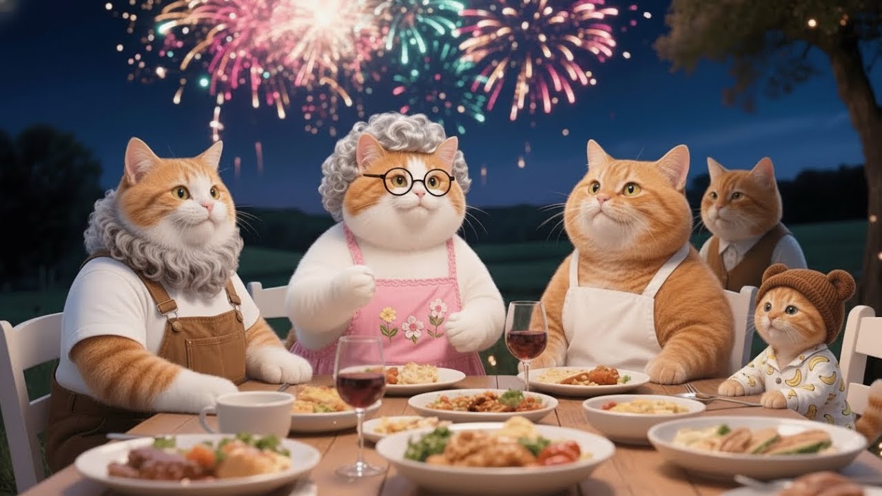 Ginger Kitten’s New Year Visit to Grand Father and Grand Mother Cat Is Full of Food and Fireworks 🎆🐾