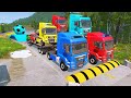 Double flatbed trailer truck vs speedbumps train vs cars  tractor vs train beamngdrive 023