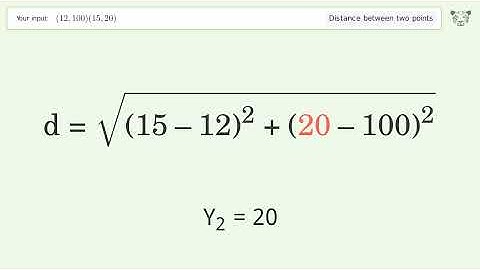 Find the distance between two points p1 (12,100) and p2 (15,20): Step-by-Step Video Solution
