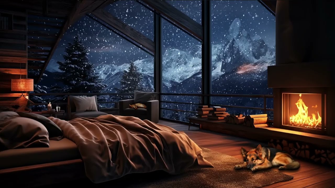 Snow Storm and Breathtaking View from the Bed in a Cozy Cabin Crackling Fire  Wind Sound   Winter