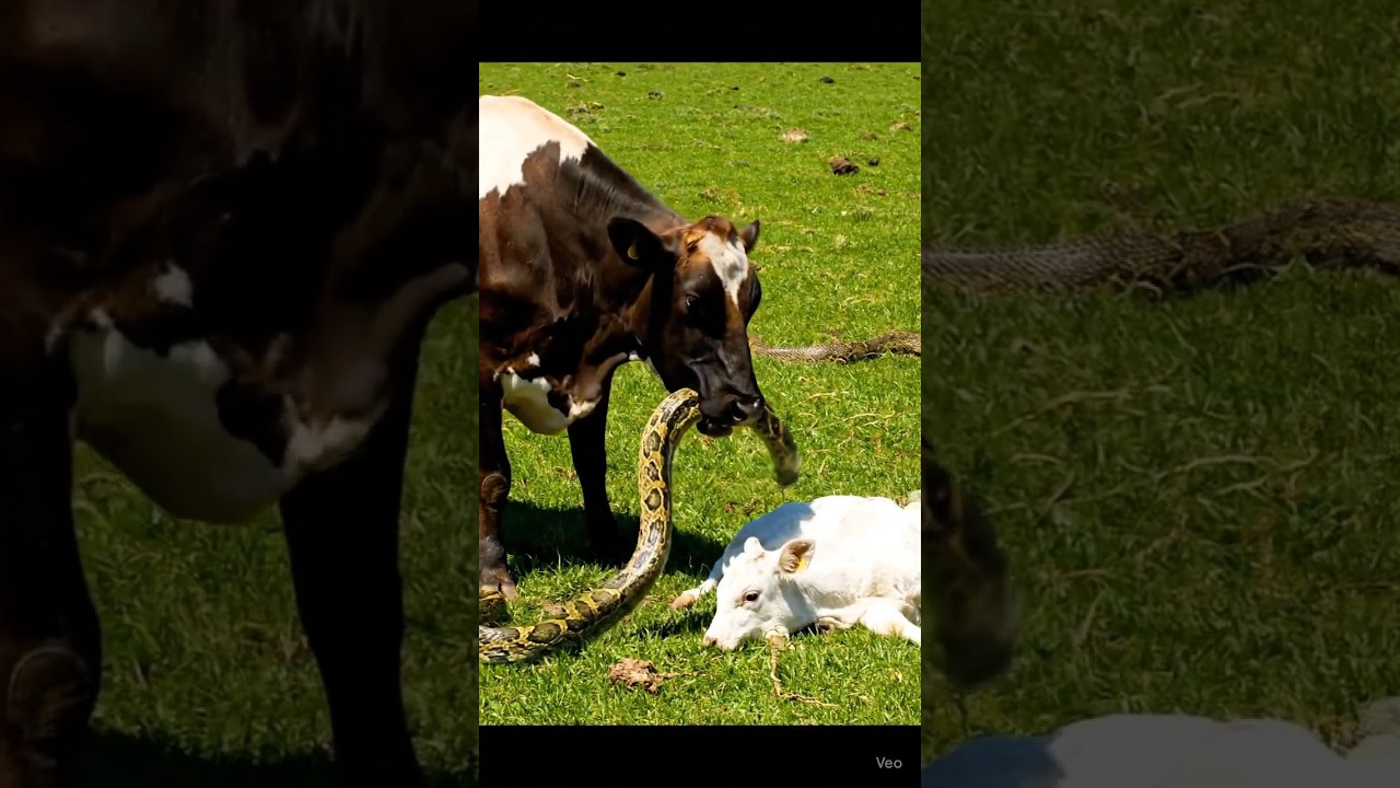 “Brave Mother Cow Rescues Her Calf from a Snake” 