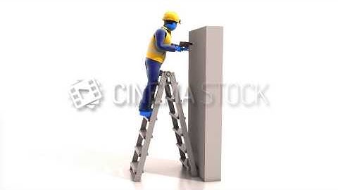 CinemaStock - 3D-Animation - 3D Animation of Blue Worker Using a Drill on a Ladder that requires the