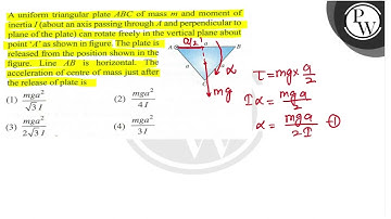 A uniform triangular plate \( A B C \) of mass \( m \) and moment of inertia \( I \) (about an a...