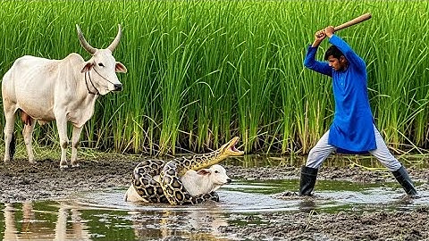 Brave Man Saves Poor Calf From Giant Python Attack