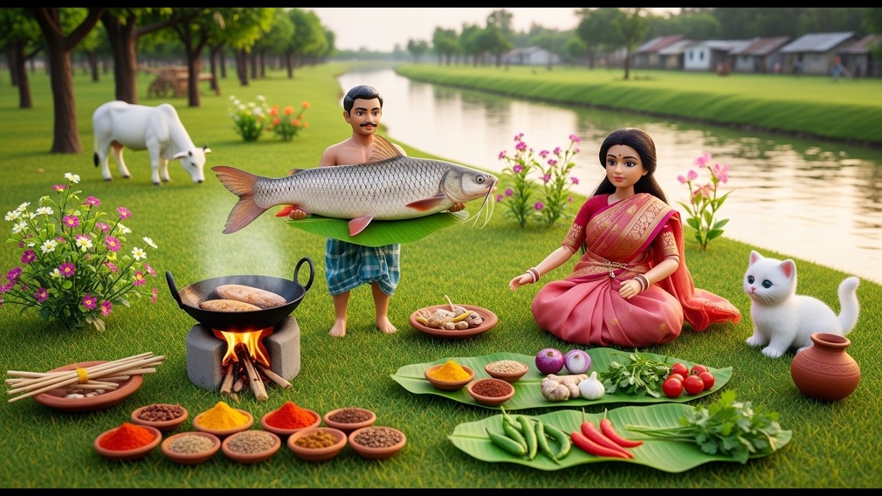 Miniature Doll Village Life Husband Brings Big Fish & Cow | Wife Cooks Traditional Meal on Clay Stov