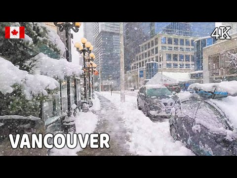 🇨🇦 【4K】❄️❄️❄️ EXTREME SNOWSTORM HITS VANCOUVER! Downtown Vancouver BC, Canada.  January  2024.