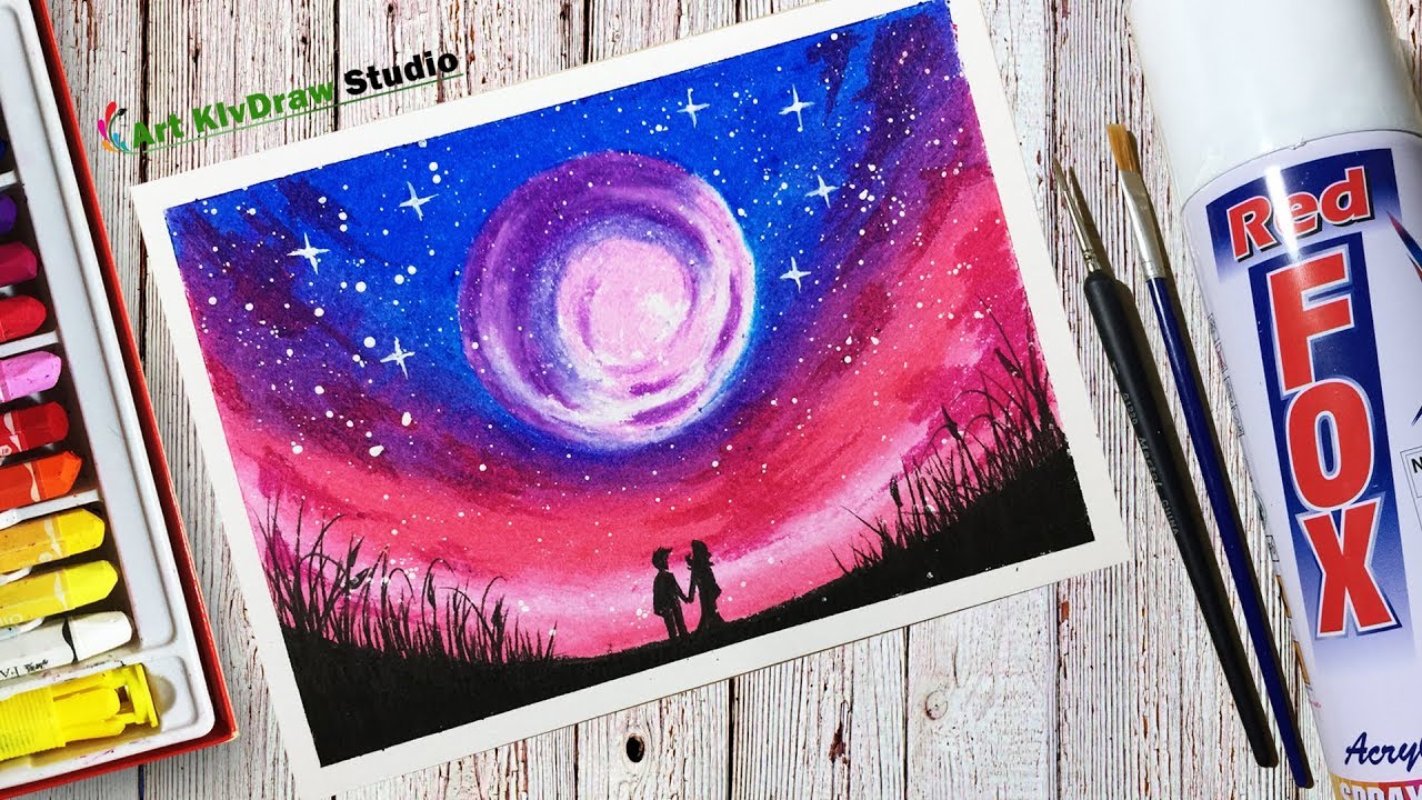How to draw Sweet Couple at Beautiful Landscape Scenery With Oil Pastel ...
