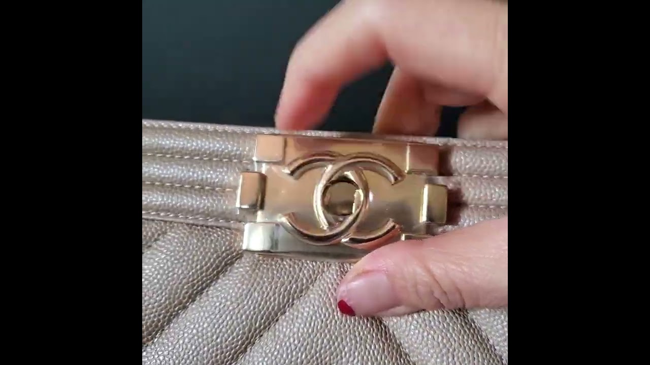 Chanel boy chevron iridescent beige caviar gold hard ware small bag elitefashionus