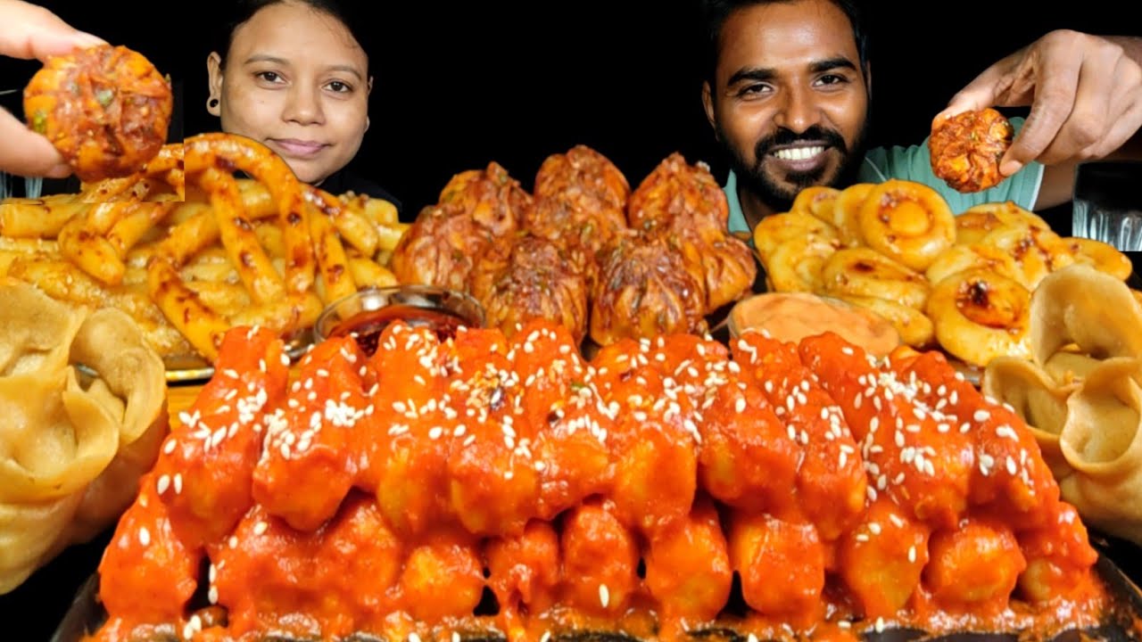 Korean Potato Noodles, Tteokbokki, Chilli Momo & Stream Momo | Asmr Eating | Couple Eating Show