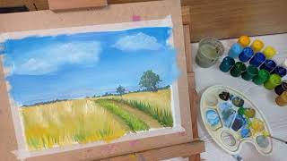 Літній пейзаж гуашевими фарбами, відеоурок, майстер клас по живопису, уроки малювання українською