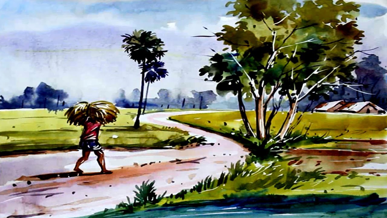Watercolor Painting Bangladeshi farmers carry harvested paddy at a fields Scene Nature