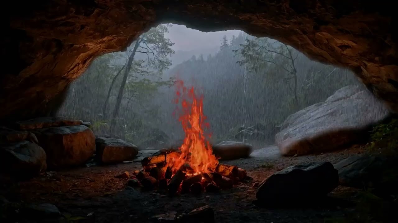 Cozy Cave Fire & Heavy Rain Sounds | Perfect Ambience for Deep Relaxation