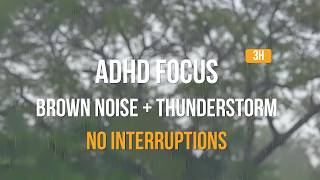 ADHD Thunderstorm Focus | Brown Noise + Heavy Rain | 3H No Interruptions