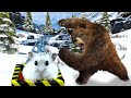 Hamster in roller coaster through a snowy forest with bear