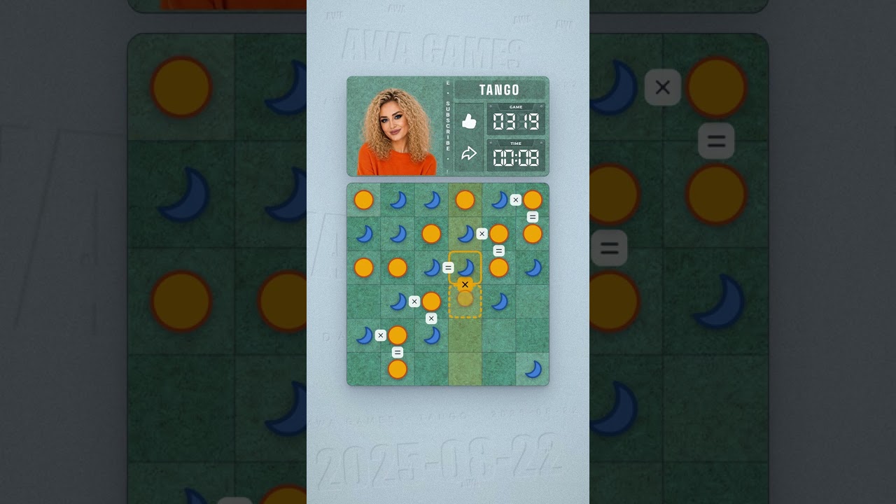 LinkedIn Tango #319 solved board for August 22, 2025, 6x6 grid