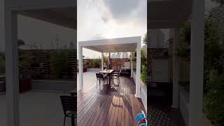 White aluminum alloy louvered pergola + retractable screen design