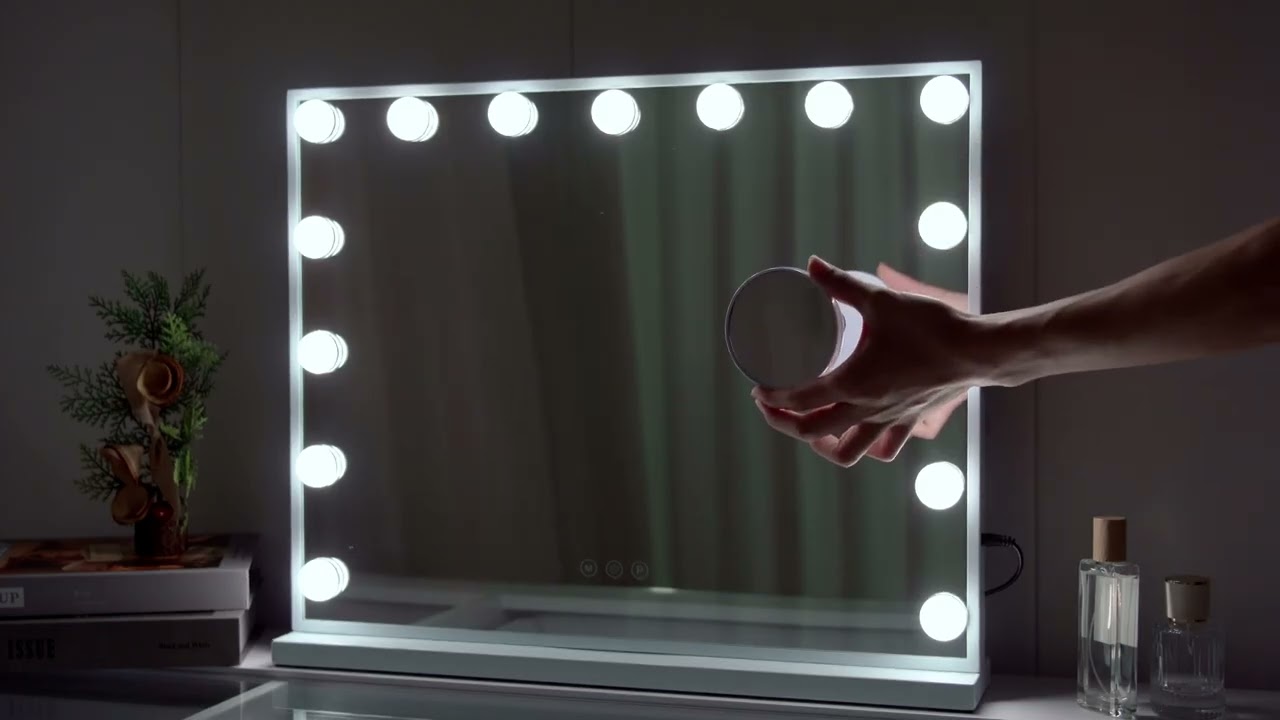 Specchio Trucco Con 15 LED – 58x46 Cm, 3 Luci Regolabili, Lente 10x, USB, Per Tavolo O Parete