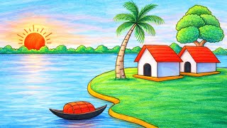 Village Scenery Drawing For Class 5 - Step By Step | Easy Drawing Tutorial | Jhorna Art & Craft 
