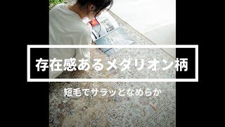 短毛の柔らかな表面に伝統的なメダリオン柄が映える！ペルシャじゅうたん風プリントラグ。