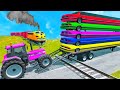 Double Flatbed Trailer Truck vs Speedbumps Train vs Cars | Tractor vs Train Beamng.Drive