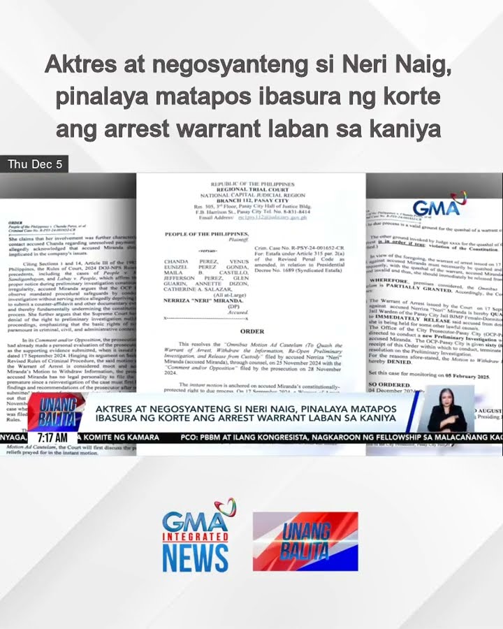 Aktres at negosyanteng si Neri Naig, pinalaya matapos ibasura ng Korte ang arrest... | Unang Balita