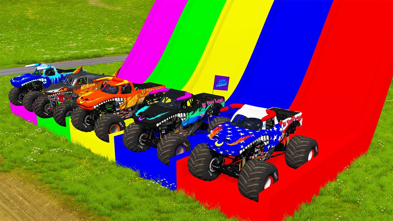 Double Flatbed Trailer Monster Trucks Transport with Slide Color - Cars vs Speed bump - BeamNG #90