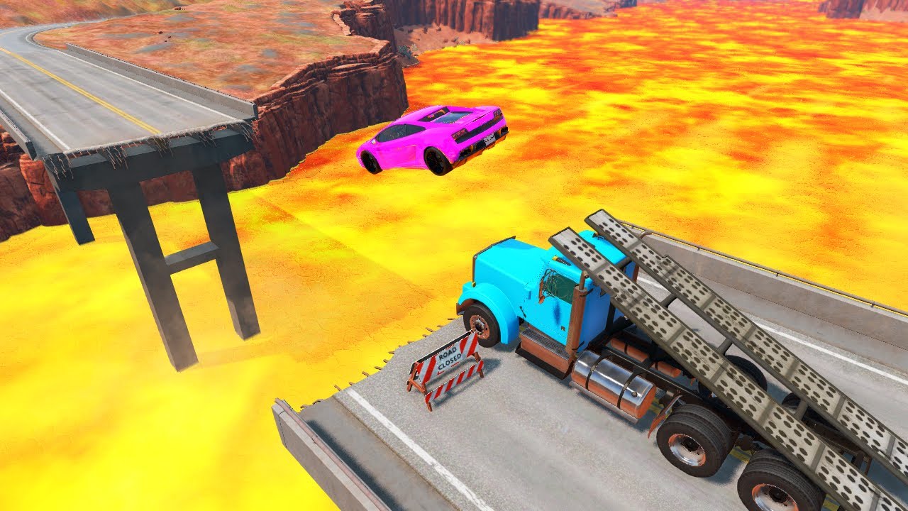 Cars and Ramp Truck vs Lava and Broken Bridge - BeamNG.Drive