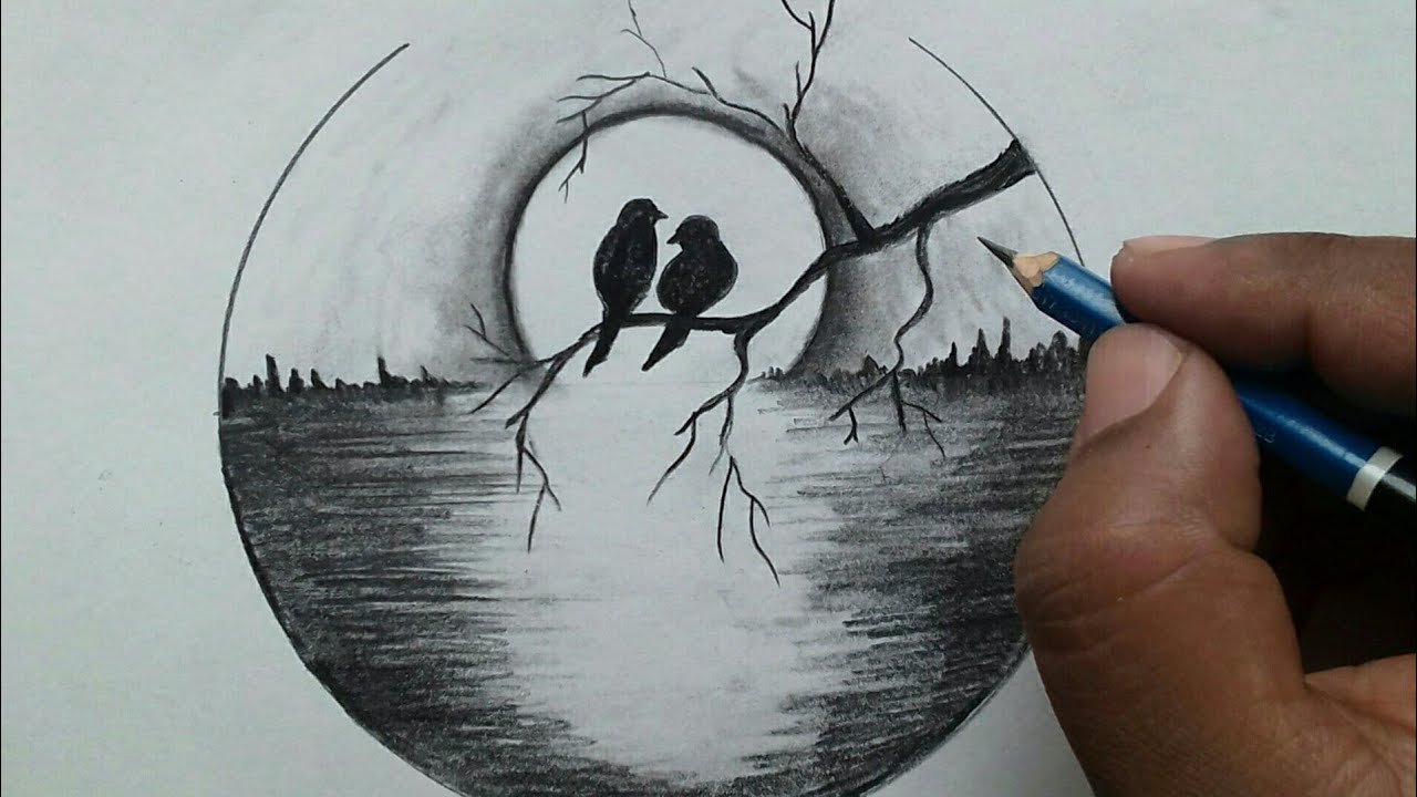 easy scenery drawing step by step / moonlight drawing for beginners