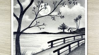 How to draw scenery of Moonlight night scene with pencil sketch step by step